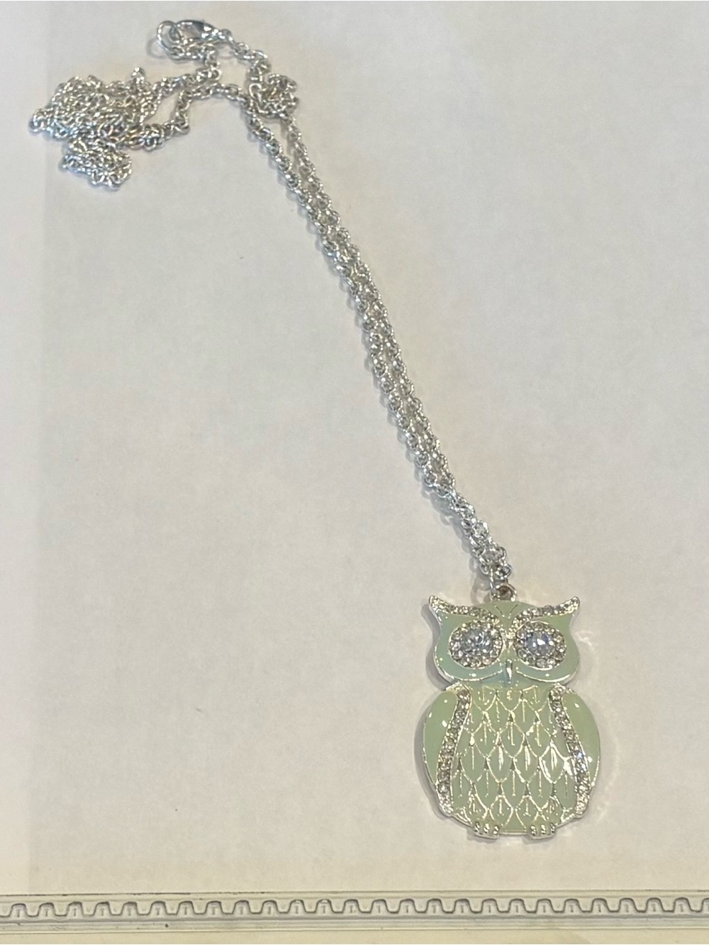 Silver Owl Pendant Necklace in Light Green